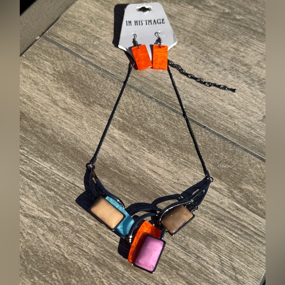NWT! Blackout Metal Colorful Geometric Real Stones Necklace and Earring Set